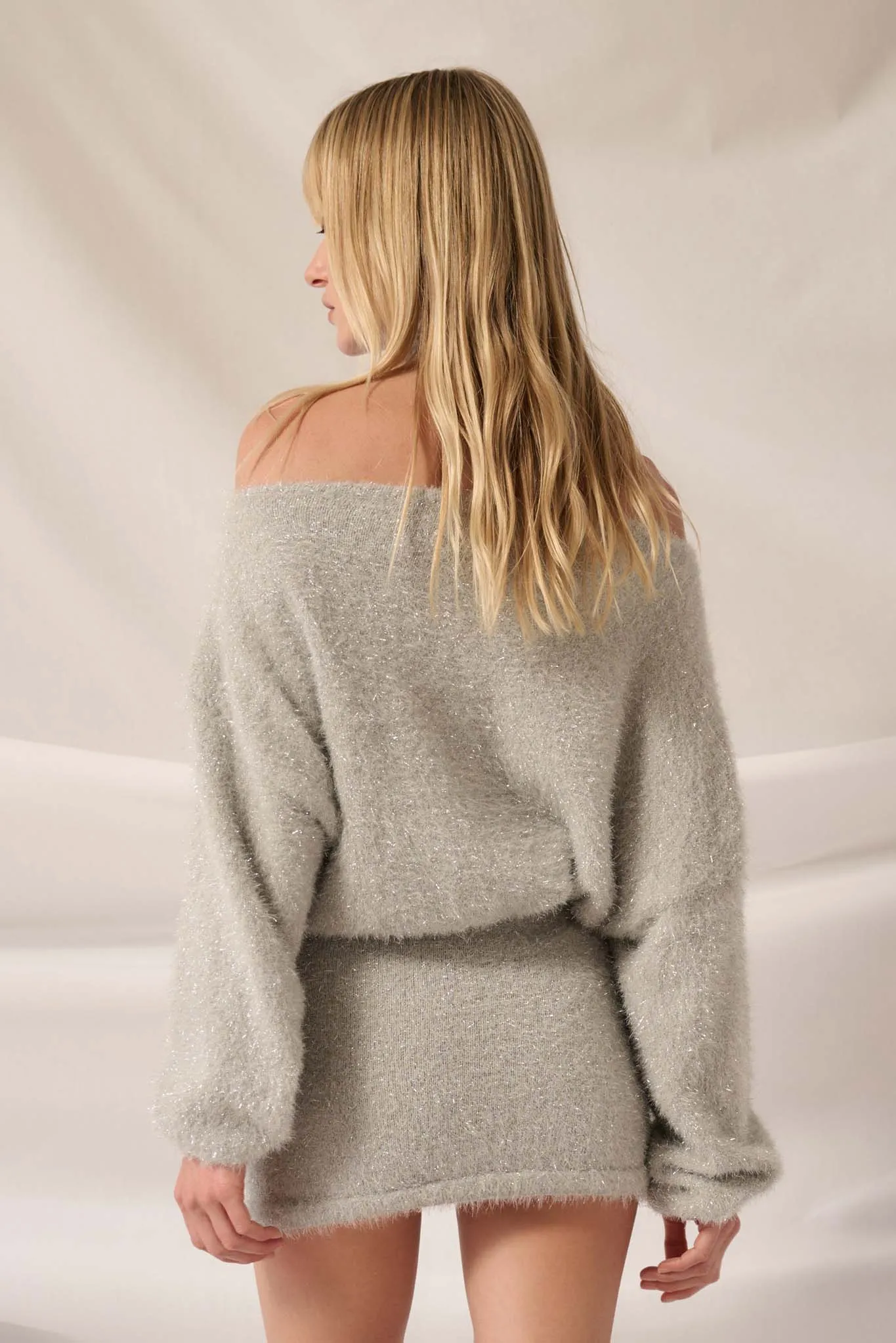 Snow Bunny Metallic Fuzzy Knit Boatneck Mini Dress