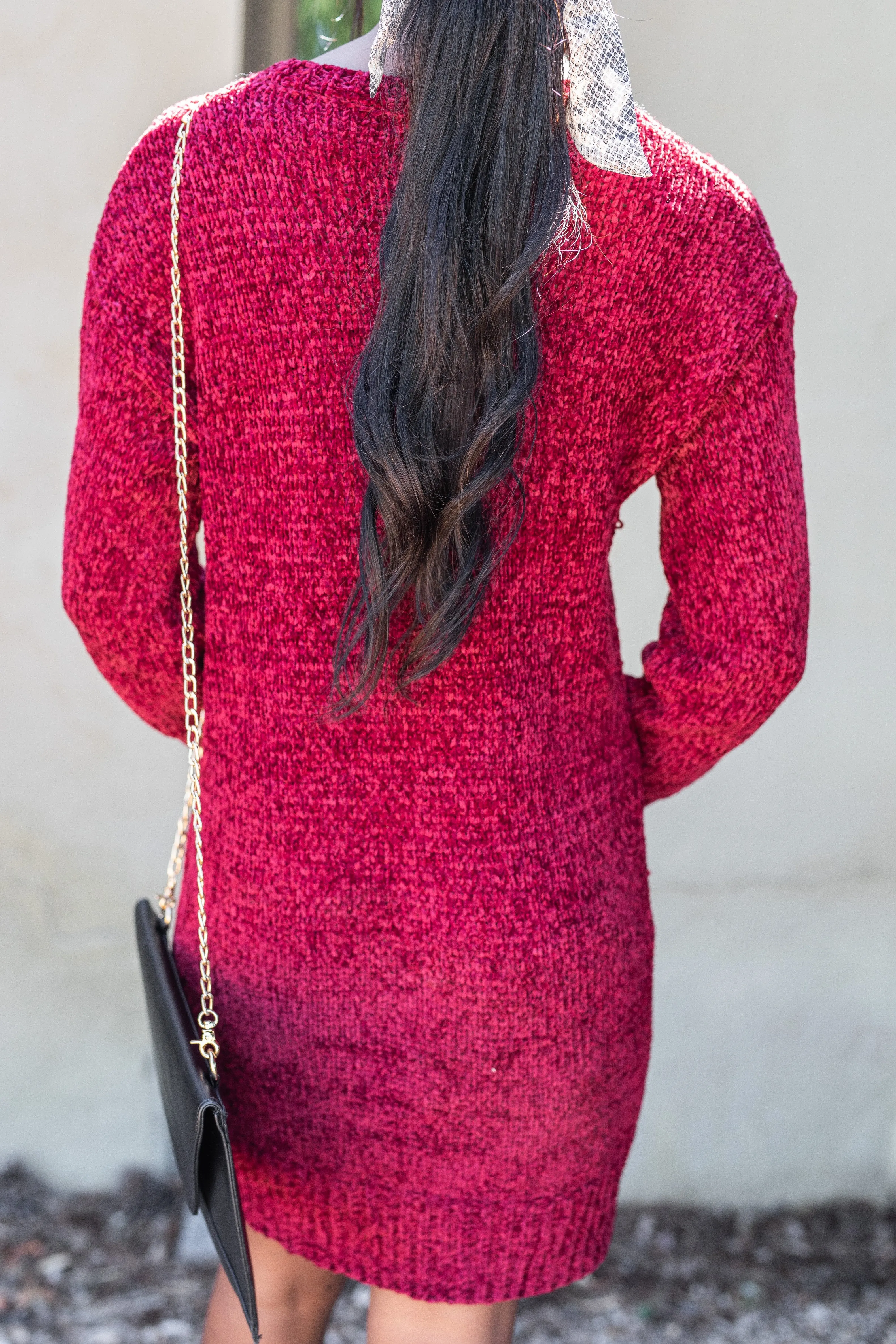 Soft Heart Wine Red Chenille Sweater Dress