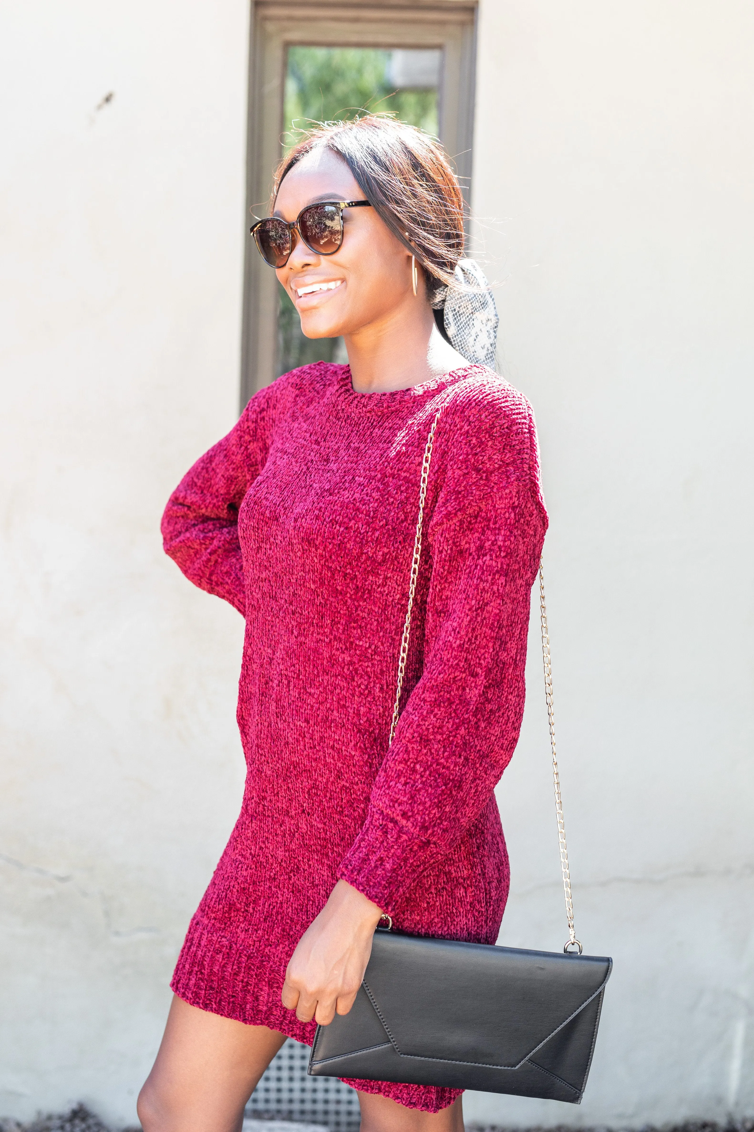 Soft Heart Wine Red Chenille Sweater Dress