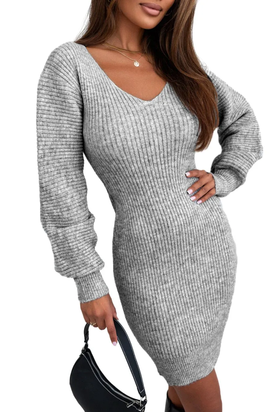 Solid Bodycon V-Neck Sweater Dress