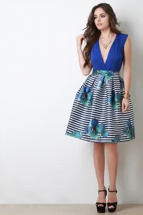 Striped Floral Print Pleated Skirt