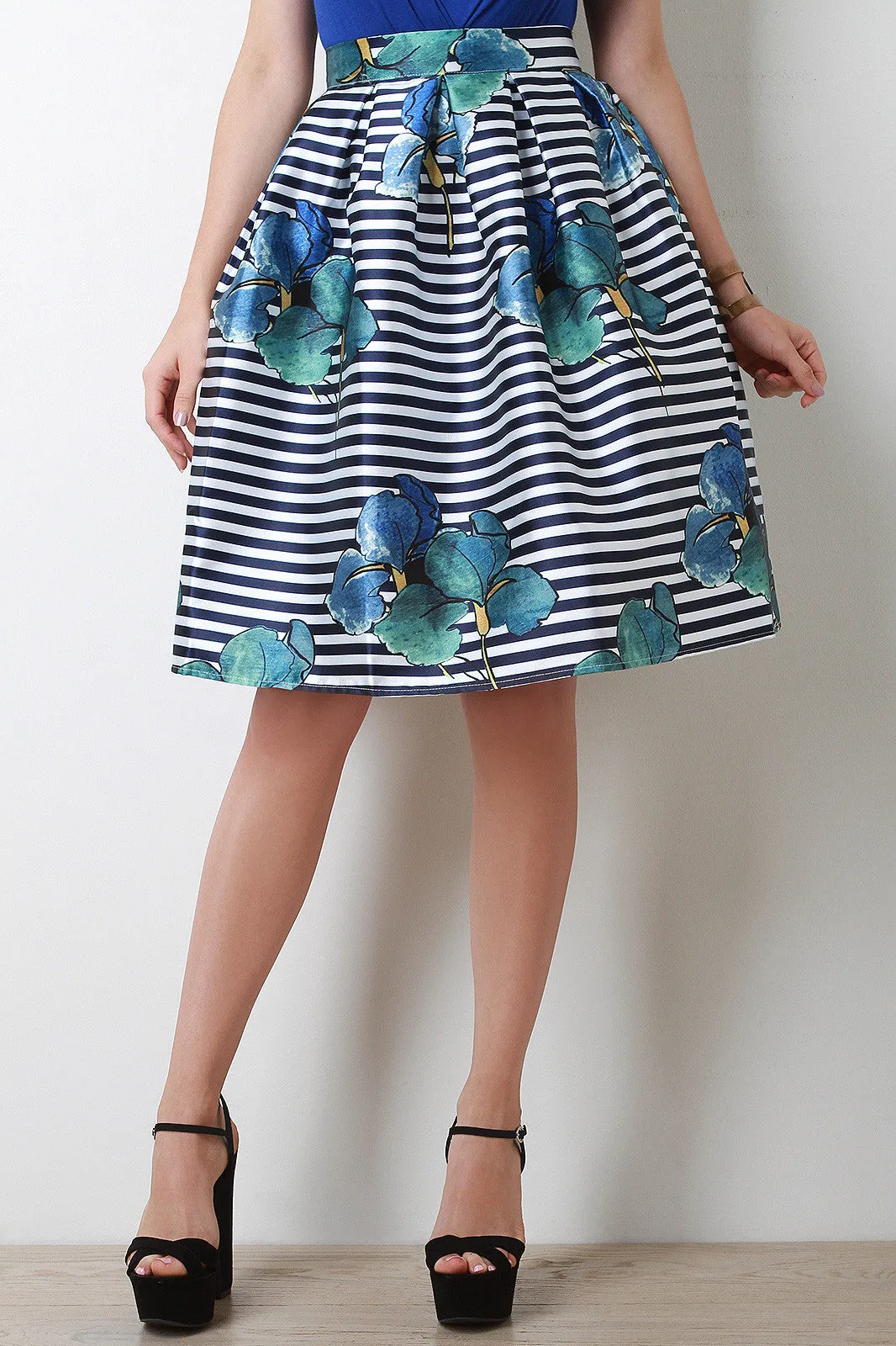 Striped Floral Print Pleated Skirt