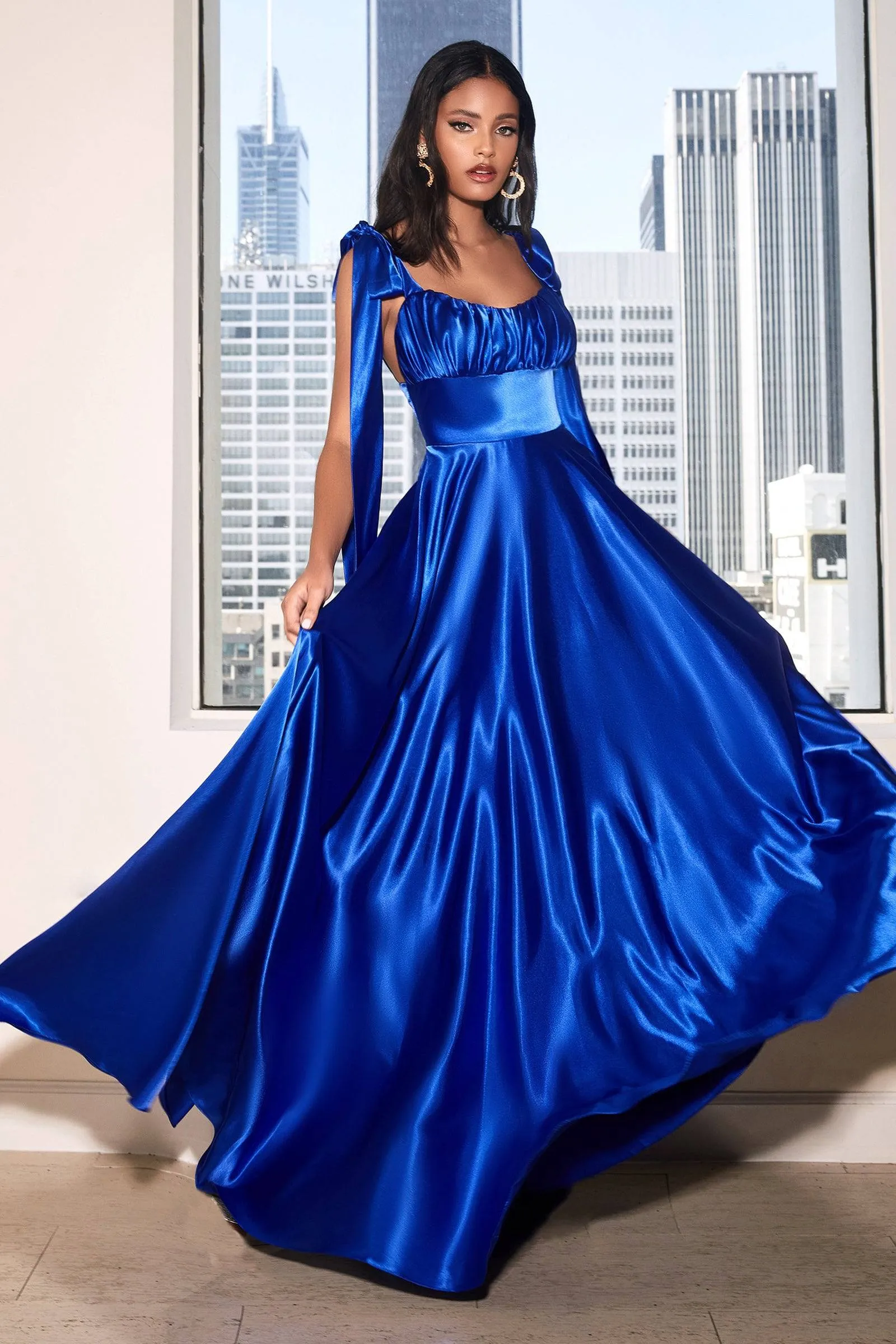 Stunning Satin Fitted Gown with Ruching Top and Bow Design on Sleeves #CD7490