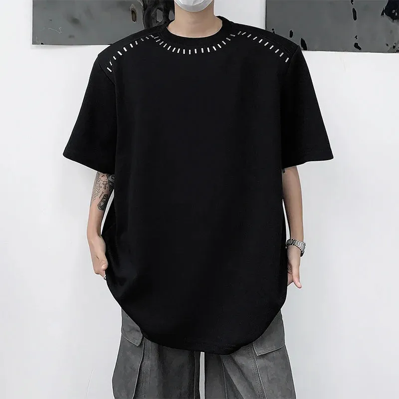 Summer Niche Design Men's Loose T-shirts Sequined Round Neck Short Sleeve Shoulder Pad Male Tees Chic 9C6293