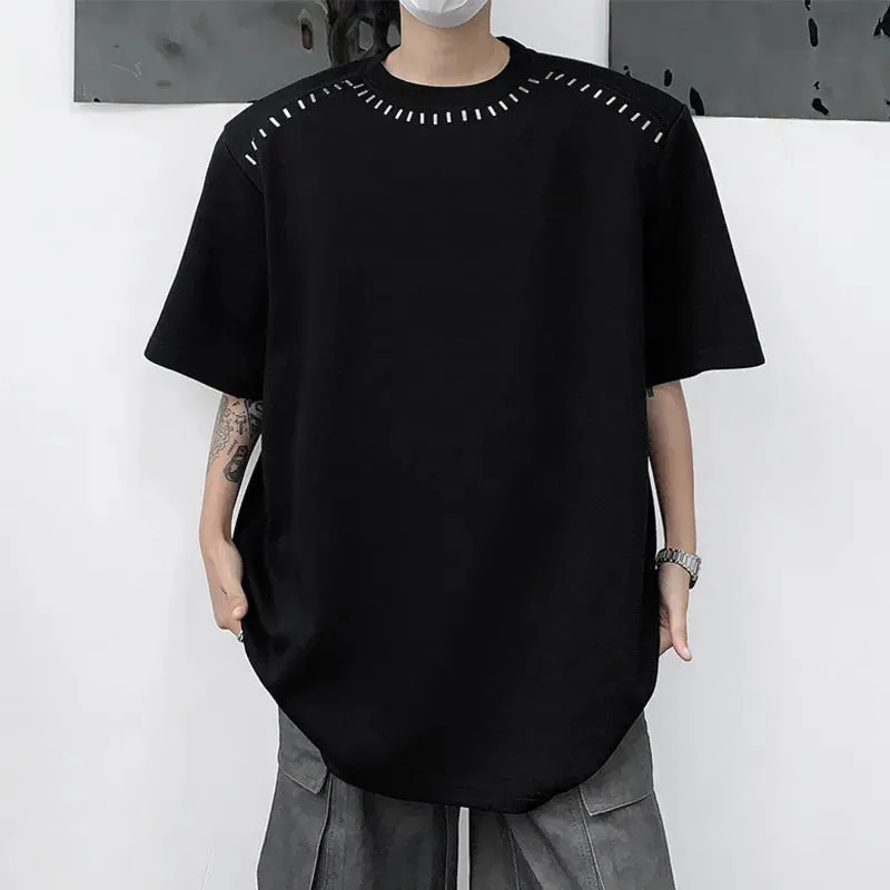 Summer Niche Design Men's Loose T-shirts Sequined Round Neck Short Sleeve Shoulder Pad Male Tees Chic 9C6293