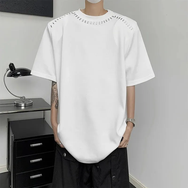 Summer Niche Design Men's Loose T-shirts Sequined Round Neck Short Sleeve Shoulder Pad Male Tees Chic 9C6293