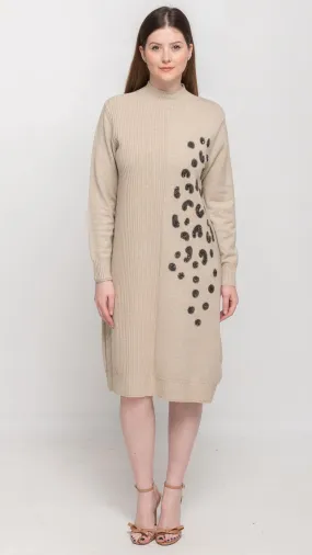 Sweater Dress with Sequin on Front in Beige