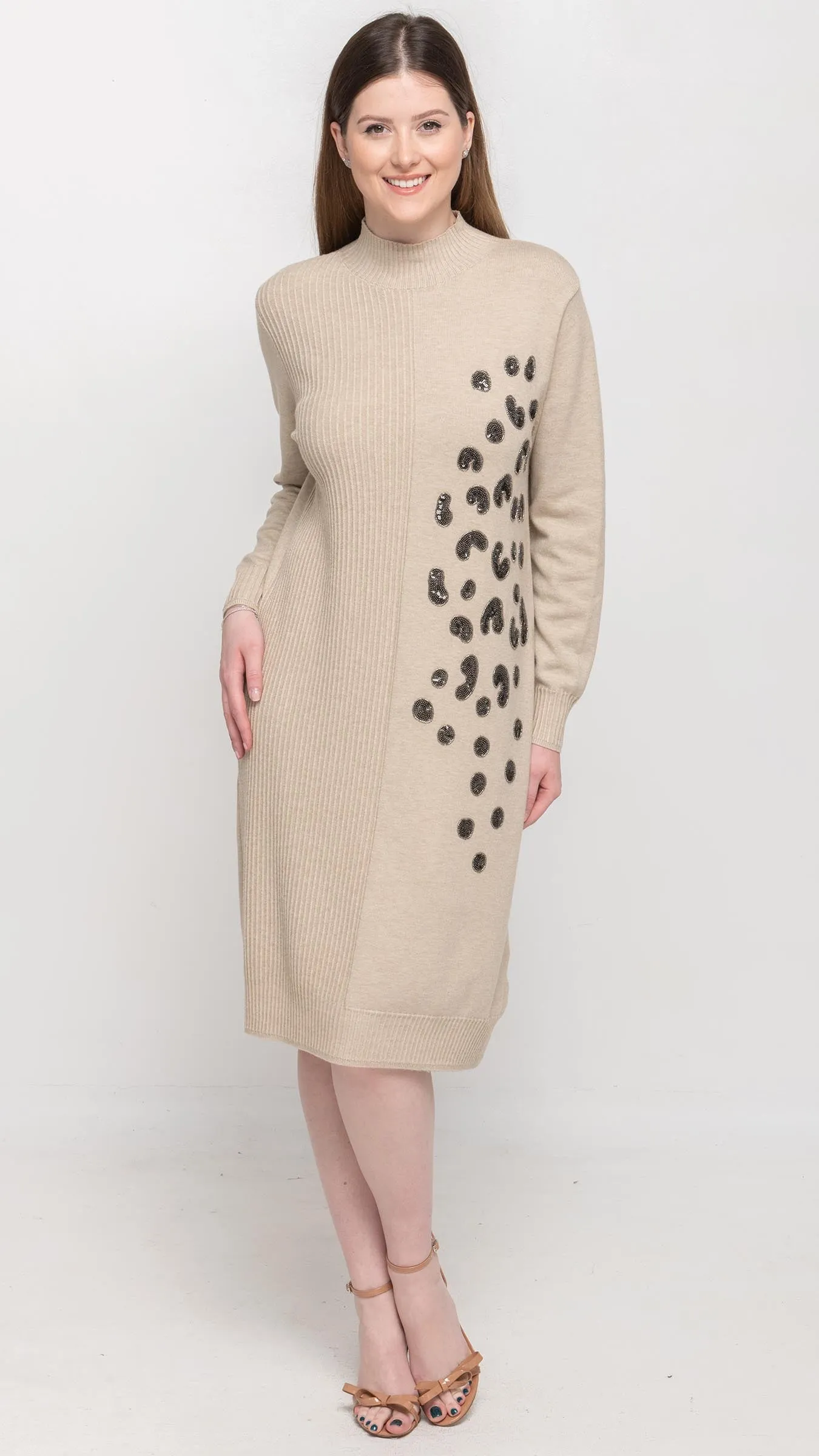 Sweater Dress with Sequin on Front in Beige