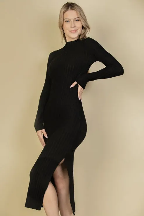 Sweater-Knit Fuzzy Mock Neck Split Thigh Dress