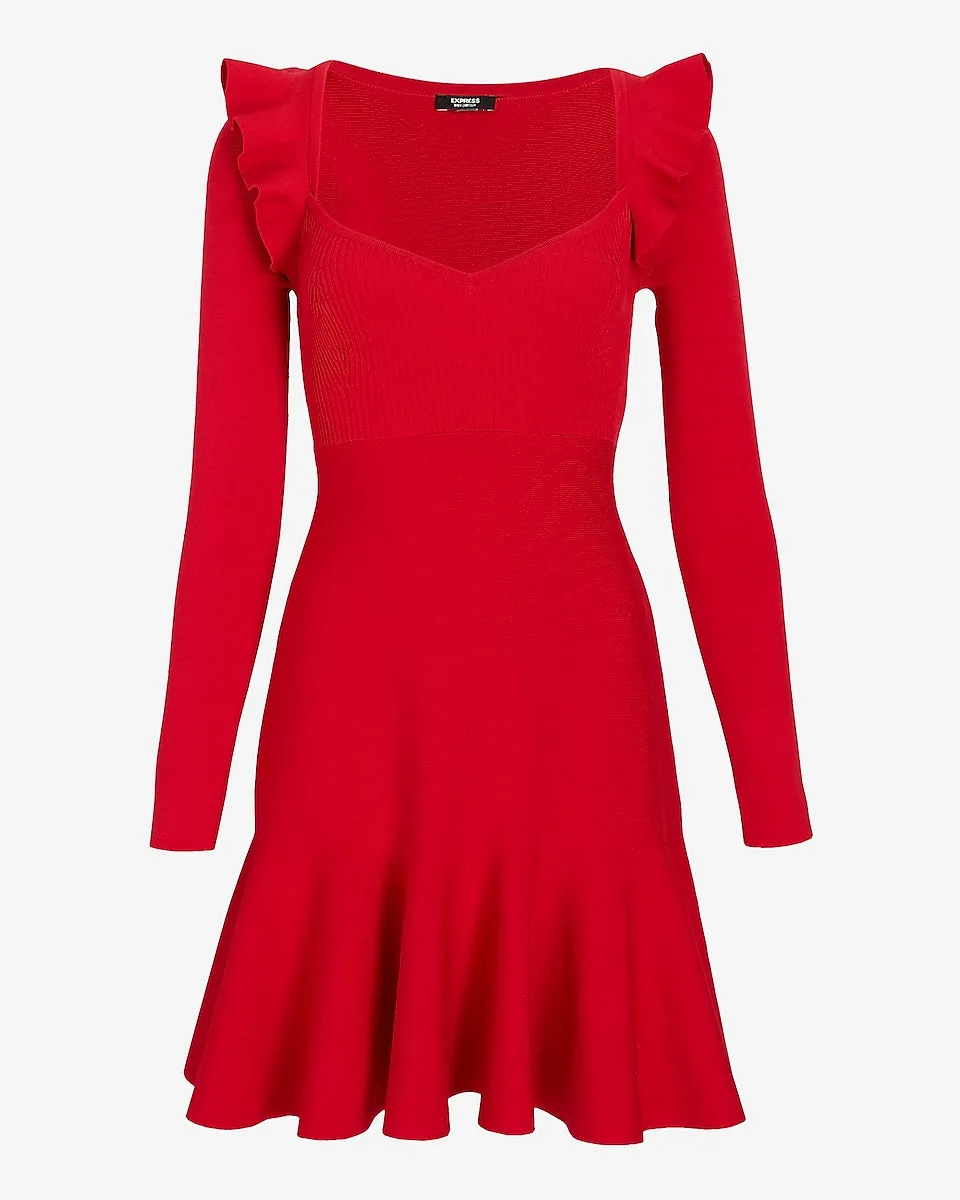 Sweetheart Neck Ruffle Fit And Flare Sweater Dress in Lipstick Red