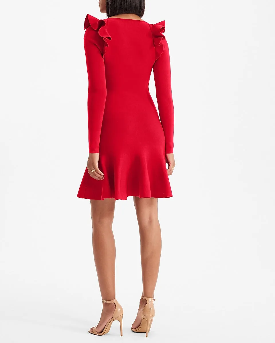 Sweetheart Neck Ruffle Fit And Flare Sweater Dress in Lipstick Red