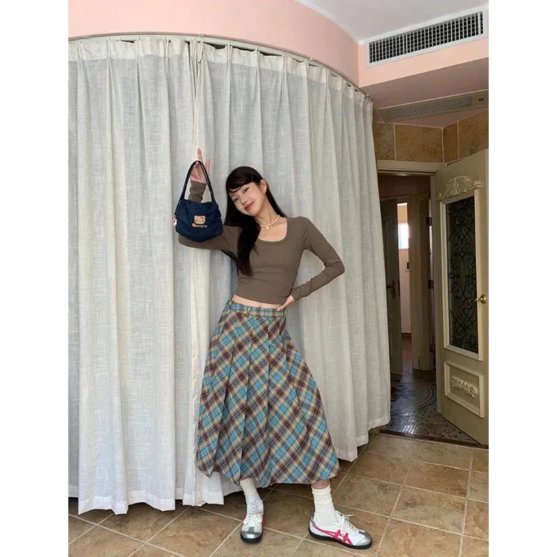 TAVIMART  -  Weekeep Casual Loose Plaid Print Long Skirt Summer Harajuku Low Rise Pleated Skirts for Women 2000s Aesthetic Ladies Streetwear