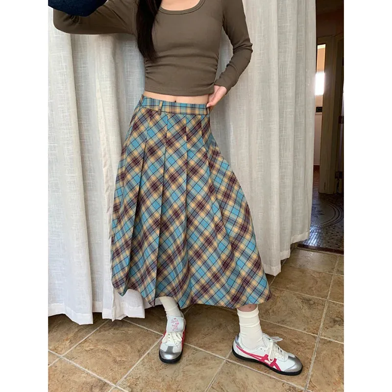 TAVIMART  -  Weekeep Casual Loose Plaid Print Long Skirt Summer Harajuku Low Rise Pleated Skirts for Women 2000s Aesthetic Ladies Streetwear