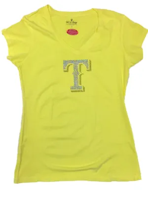 Texas Rangers SAAG Women Neon Yellow Sequin "T" Soft Cotton V-Neck T-Shirt