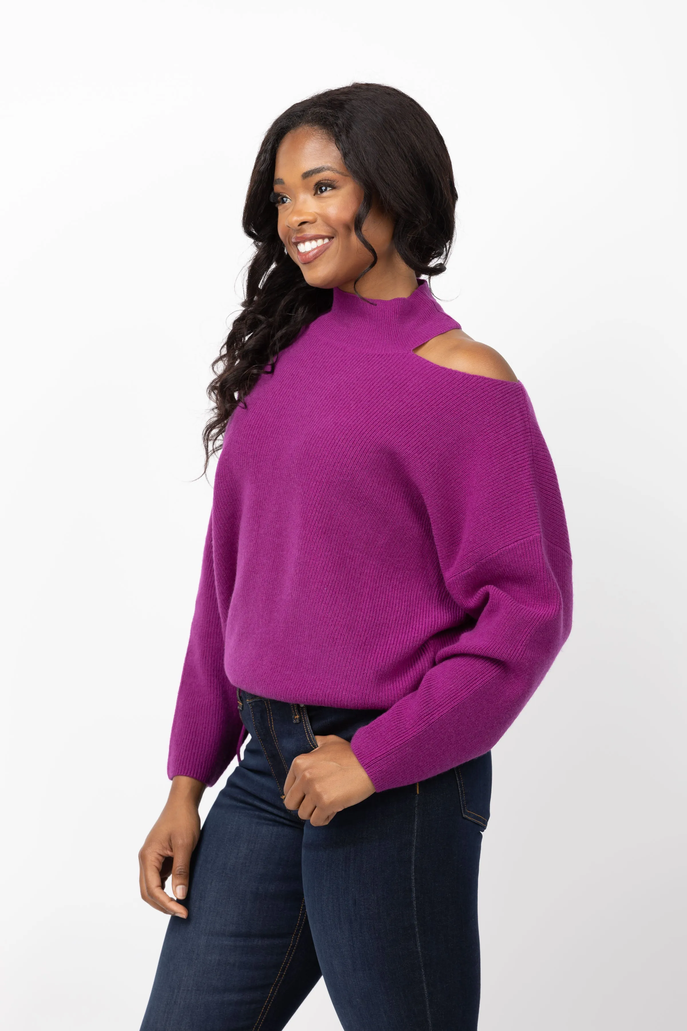 The Sei Open Shoulder Sweater in Berry