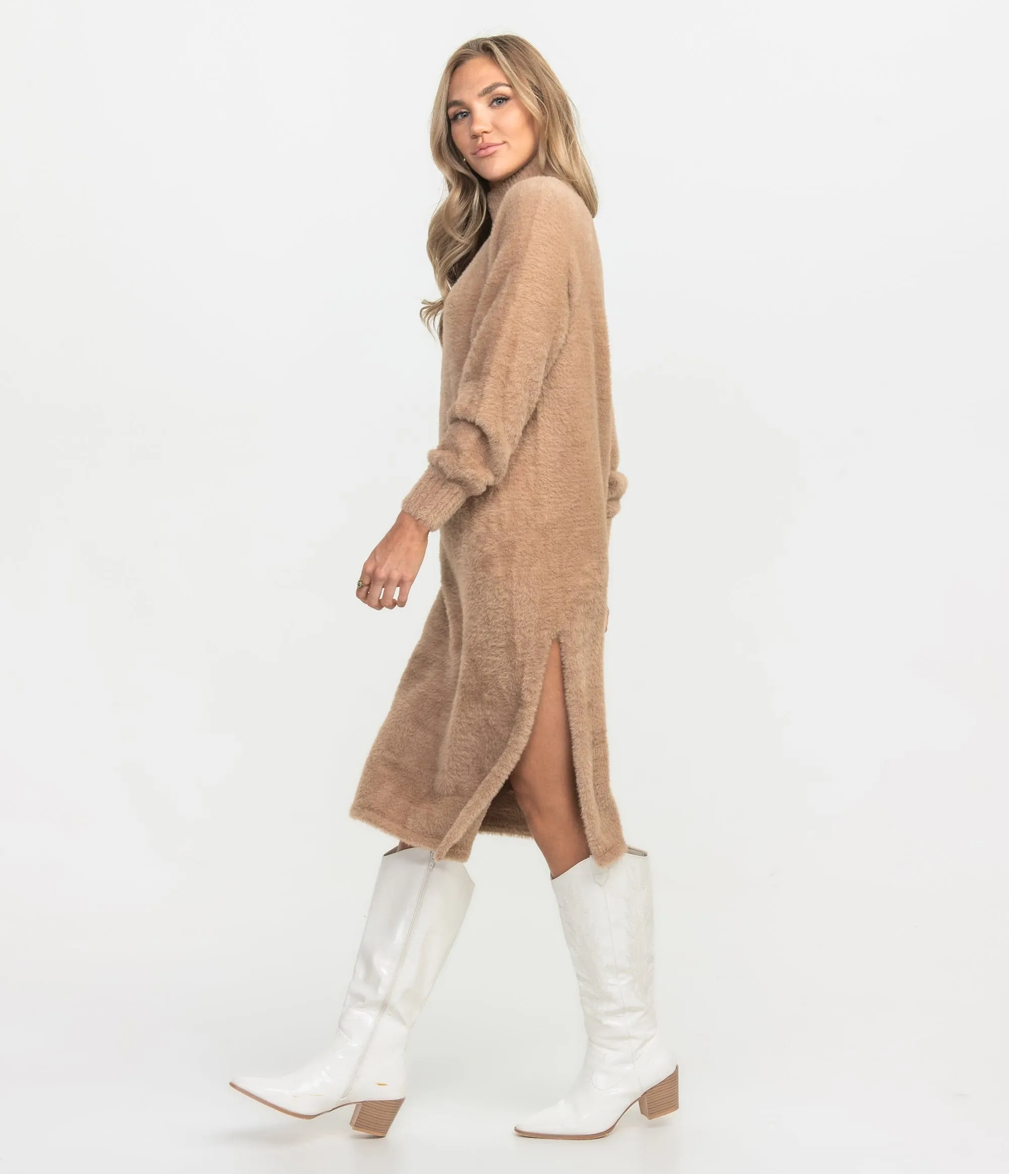 Turtleneck Midi Sweater Dress - Mocha Tan