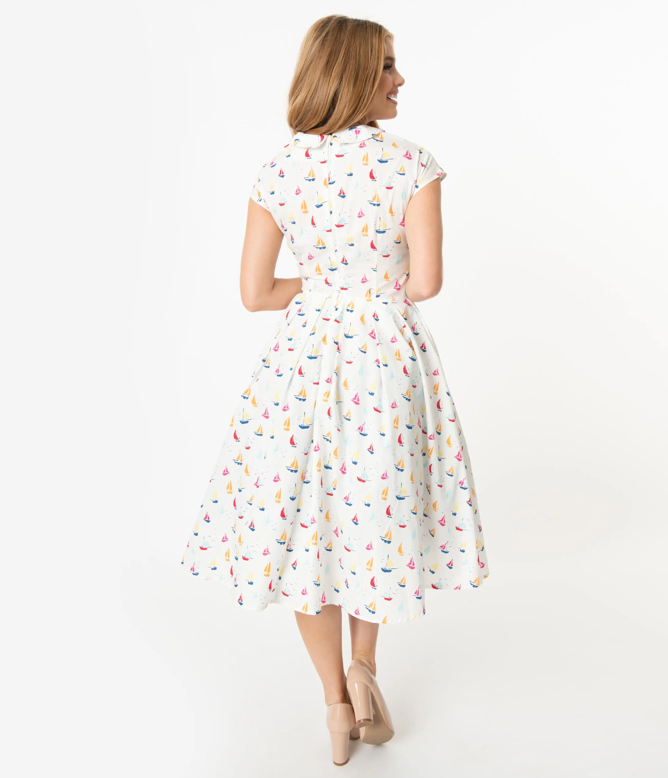 Unique Vintage 1950s Ivory & Multi Sailboat Print Wilson Swing Dress