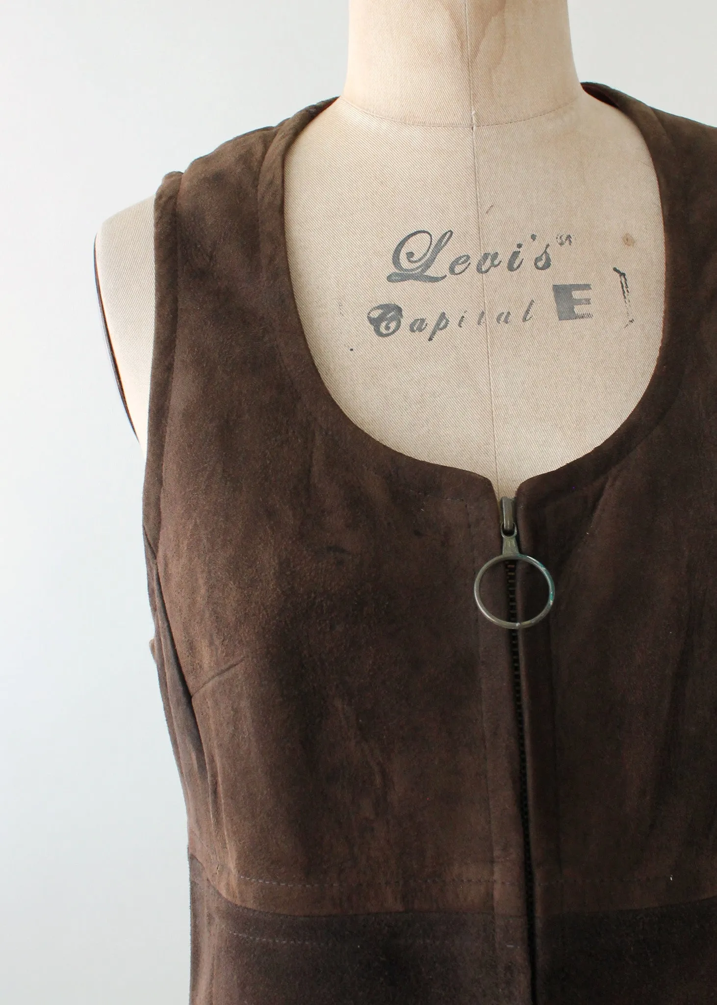 Vintage 1960s Brown Suede Zip Front Jumper Dress