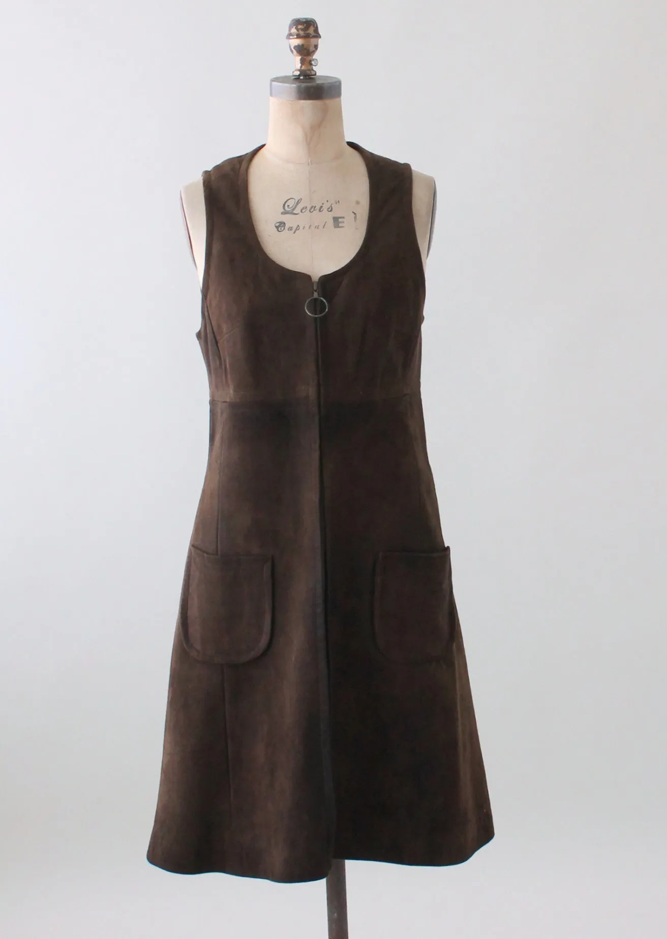 Vintage 1960s Brown Suede Zip Front Jumper Dress