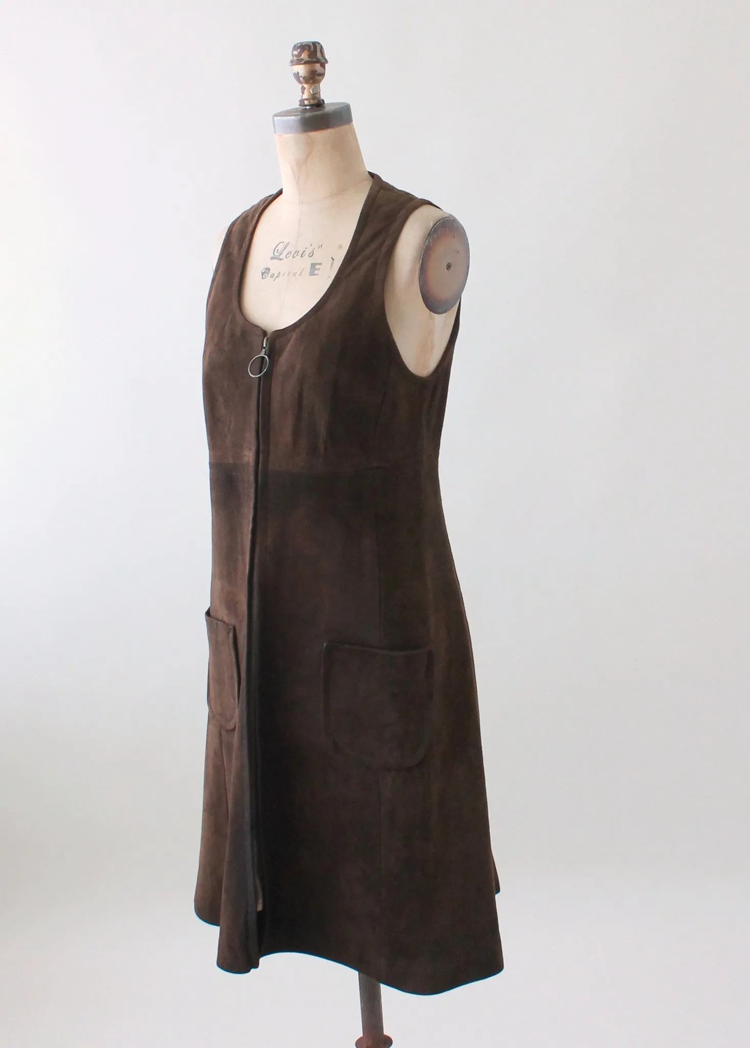 Vintage 1960s Brown Suede Zip Front Jumper Dress