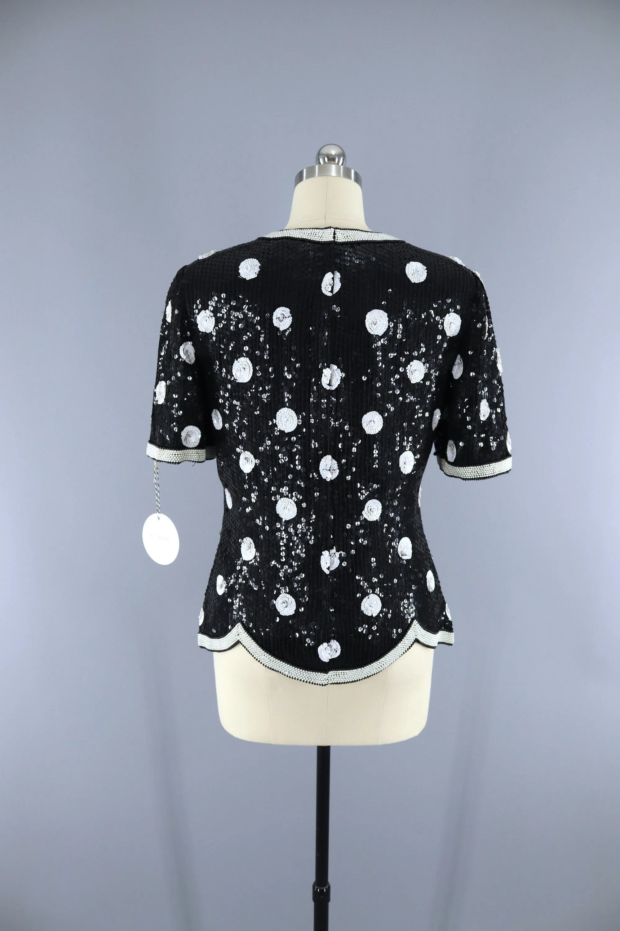 Vintage 1980s Sequined Blouse / Black & White Polka Dots