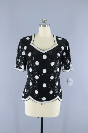 Vintage 1980s Sequined Blouse / Black & White Polka Dots