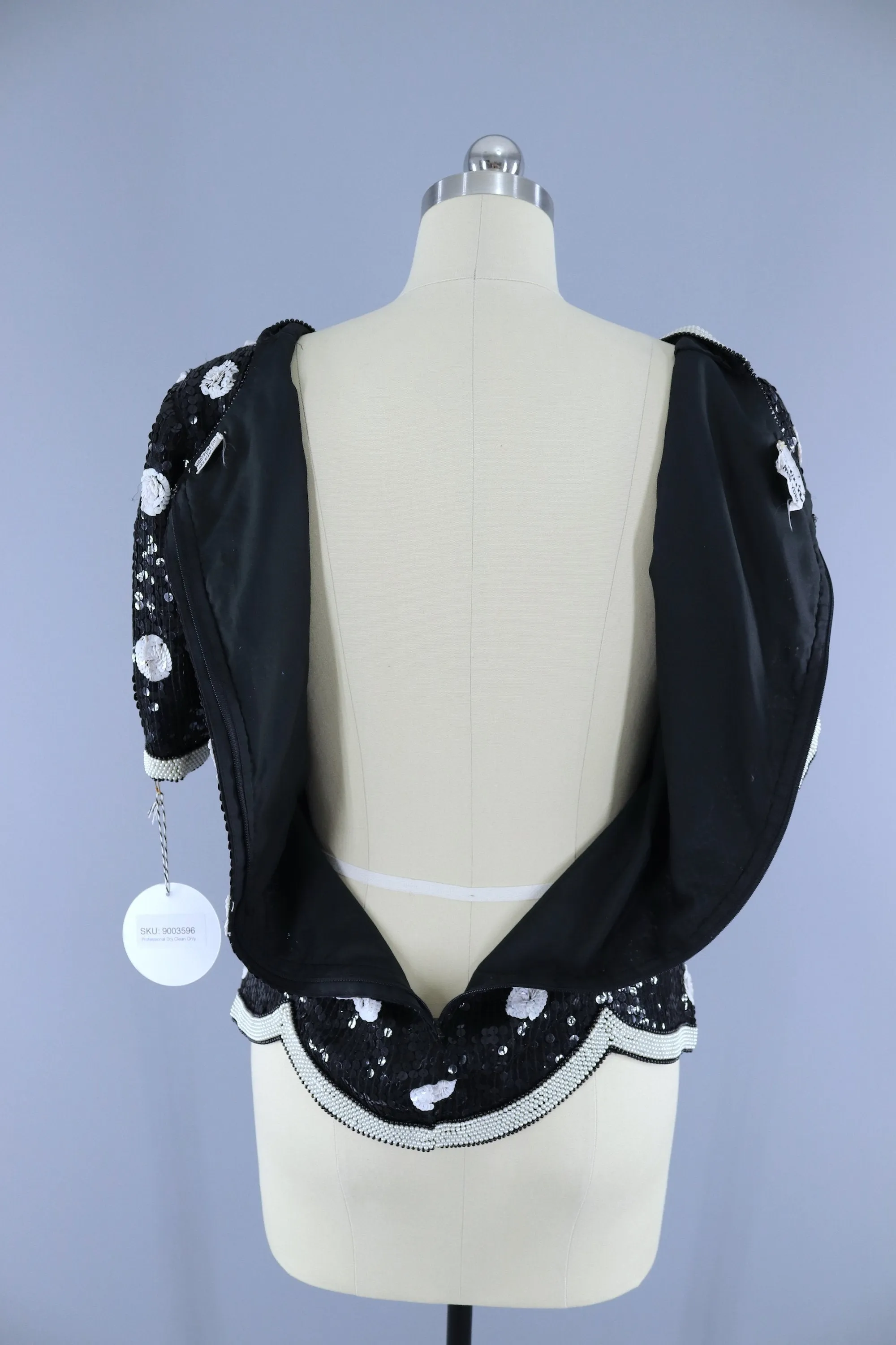 Vintage 1980s Sequined Blouse / Black & White Polka Dots