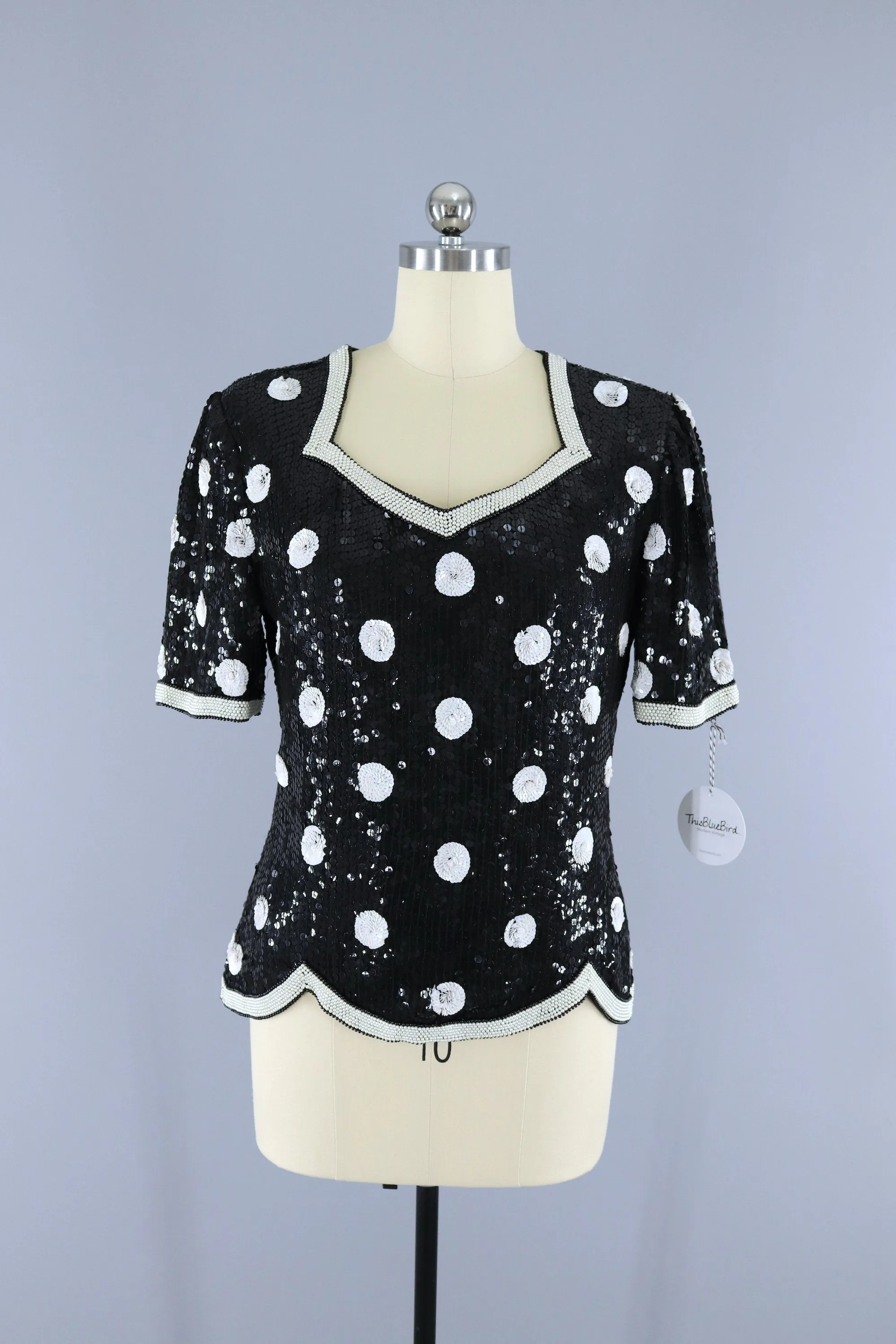 Vintage 1980s Sequined Blouse / Black & White Polka Dots