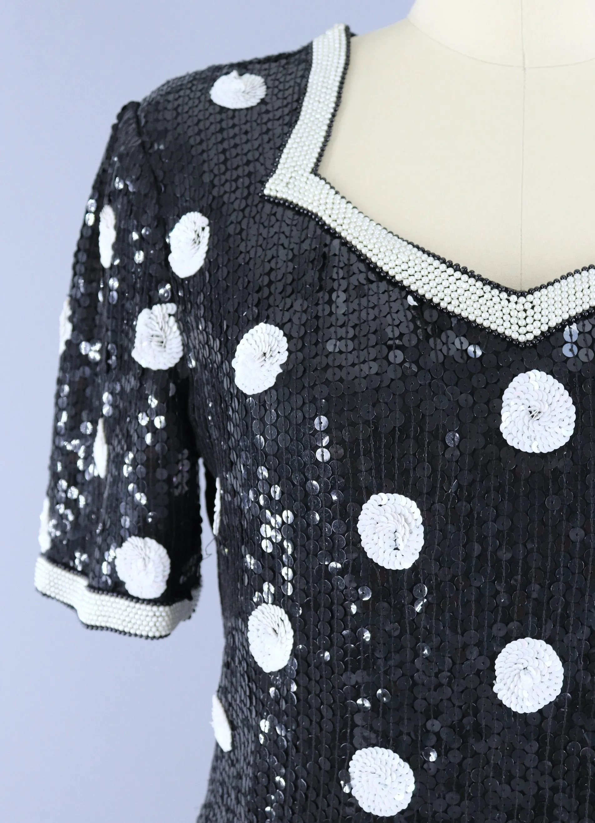 Vintage 1980s Sequined Blouse / Black & White Polka Dots