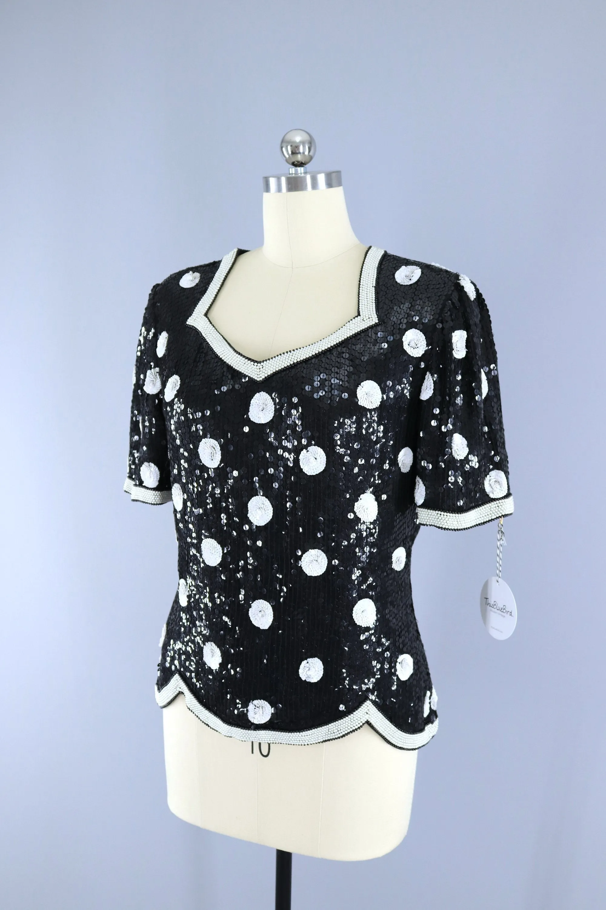 Vintage 1980s Sequined Blouse / Black & White Polka Dots