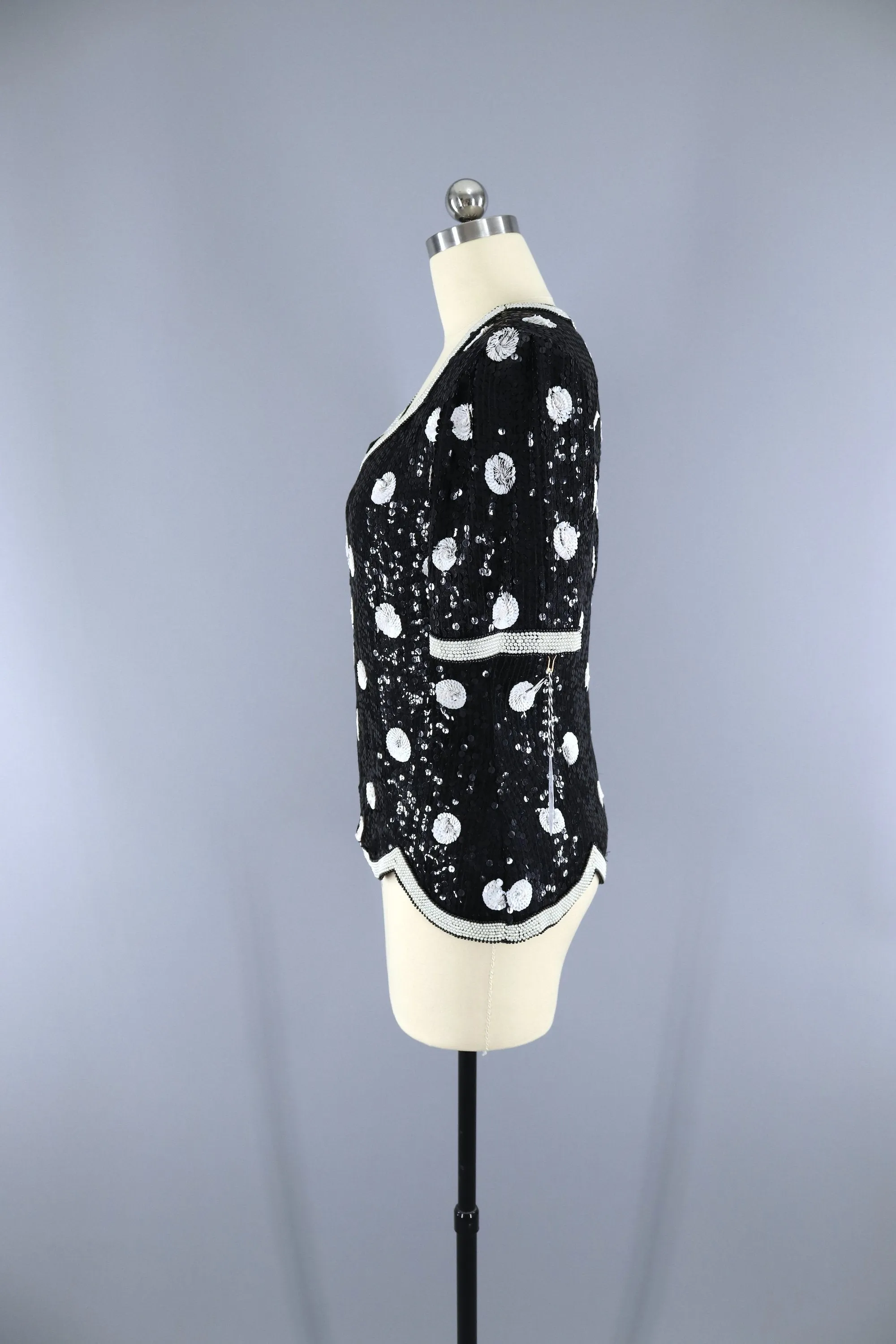 Vintage 1980s Sequined Blouse / Black & White Polka Dots