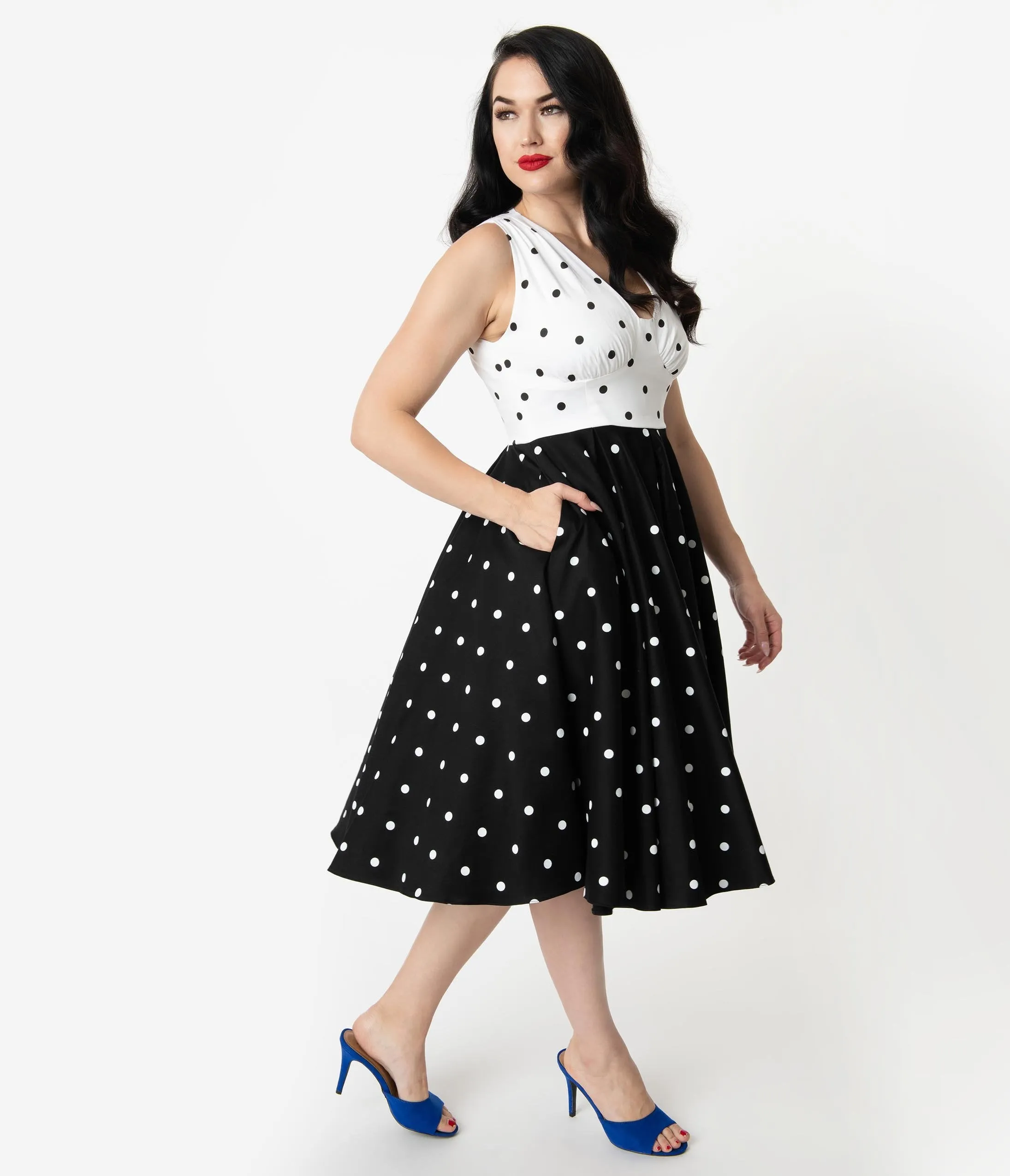 Vintage Diva 1950s Style Black & White Polka Dot Print Esme Swing Dress