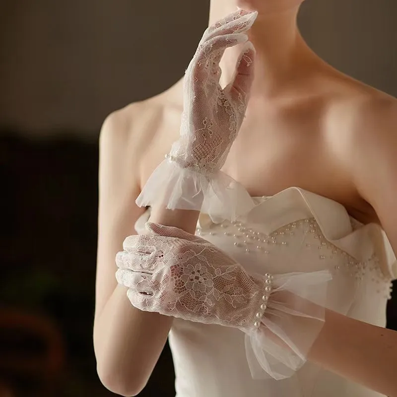 Vintage Lace Tulle Transparent Exquisite Pearl Gloves