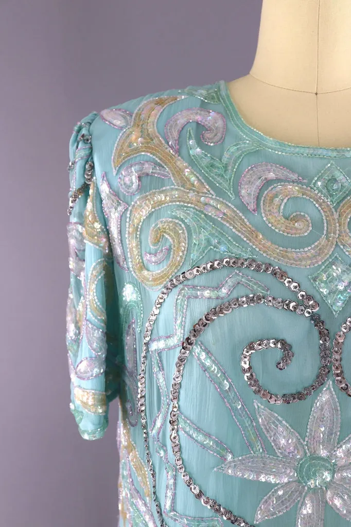 Vintage Pastel Blue Sequined Blouse