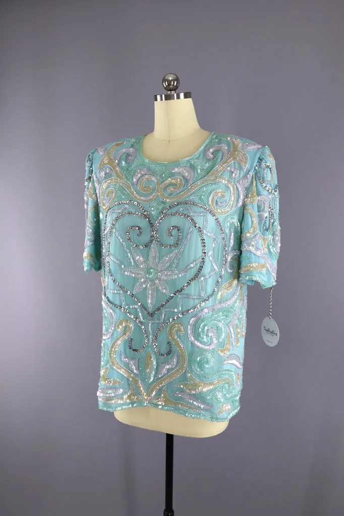 Vintage Pastel Blue Sequined Blouse