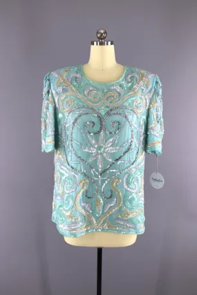 Vintage Pastel Blue Sequined Blouse