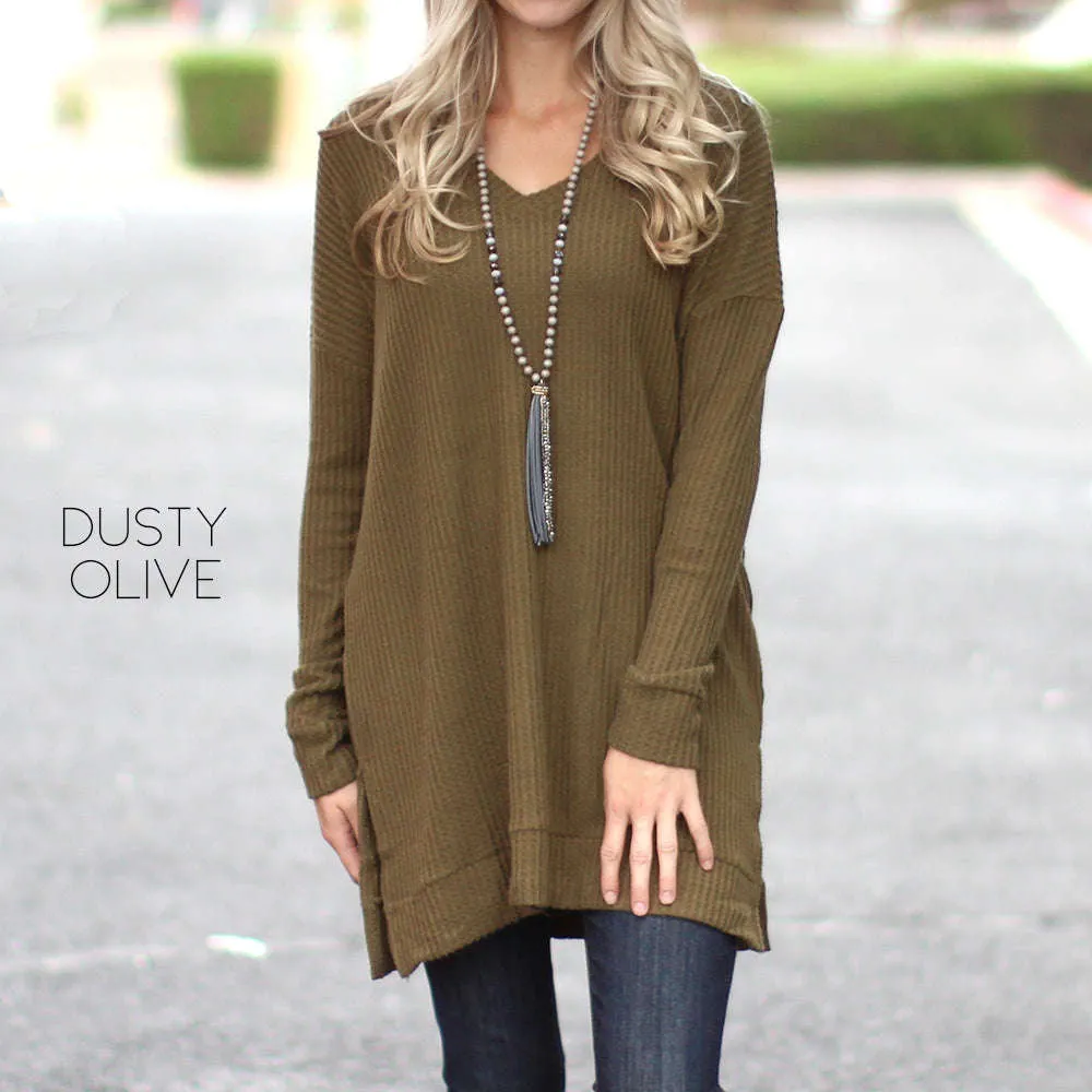 Waffle V-Neck Side Slit Tunic | S-XL