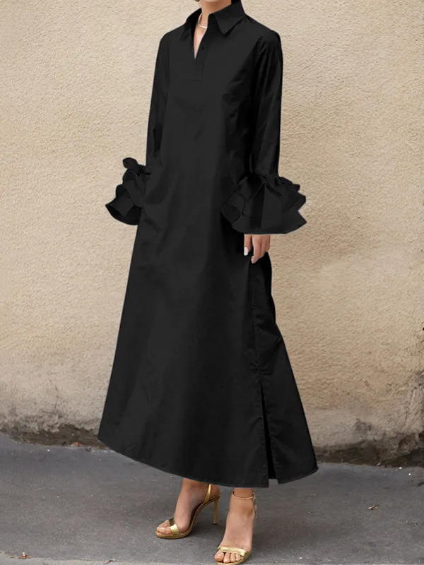 Wenkouban-Black Friday Christmas Thanksgiving A-Line Flared Sleeves Buttoned Solid Color Split-Joint Split-Side Lapel Maxi Dresses