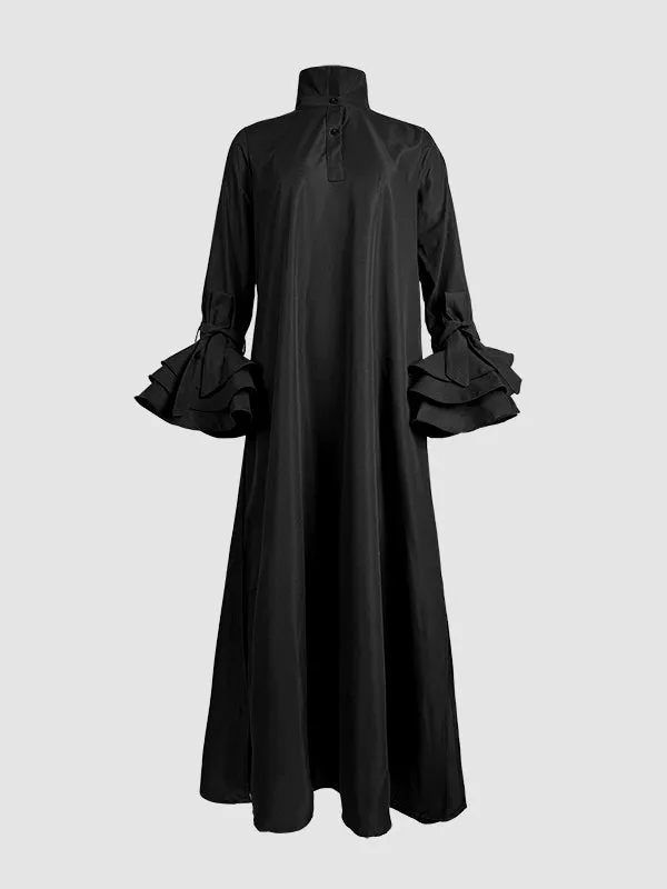 Wenkouban-Black Friday Christmas Thanksgiving A-Line Flared Sleeves Buttoned Solid Color Split-Joint Split-Side Lapel Maxi Dresses