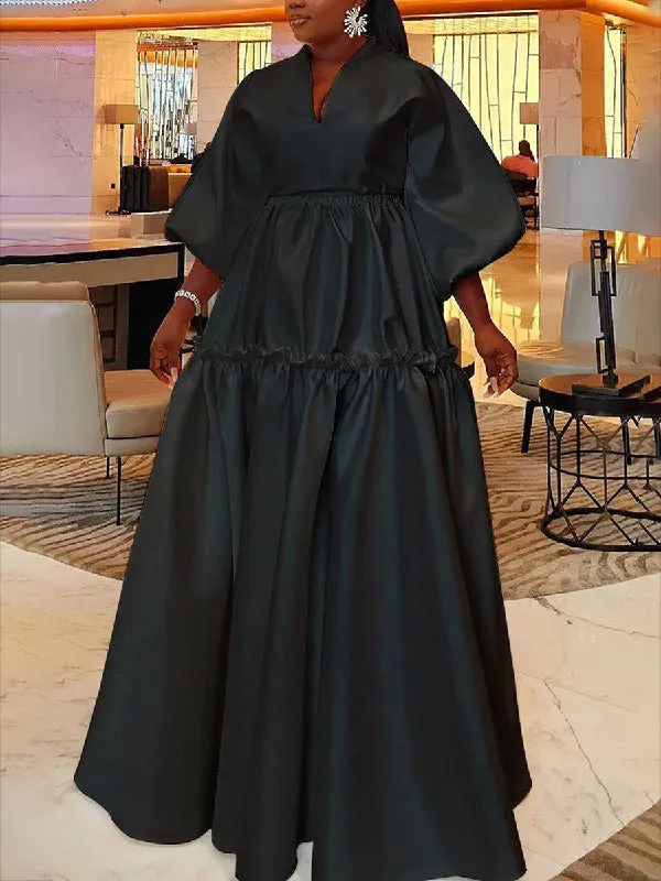 Wenkouban-Black Friday Christmas Thanksgiving High Waisted Puff Sleeves Falbala Solid Color V-Neck Maxi Dresses