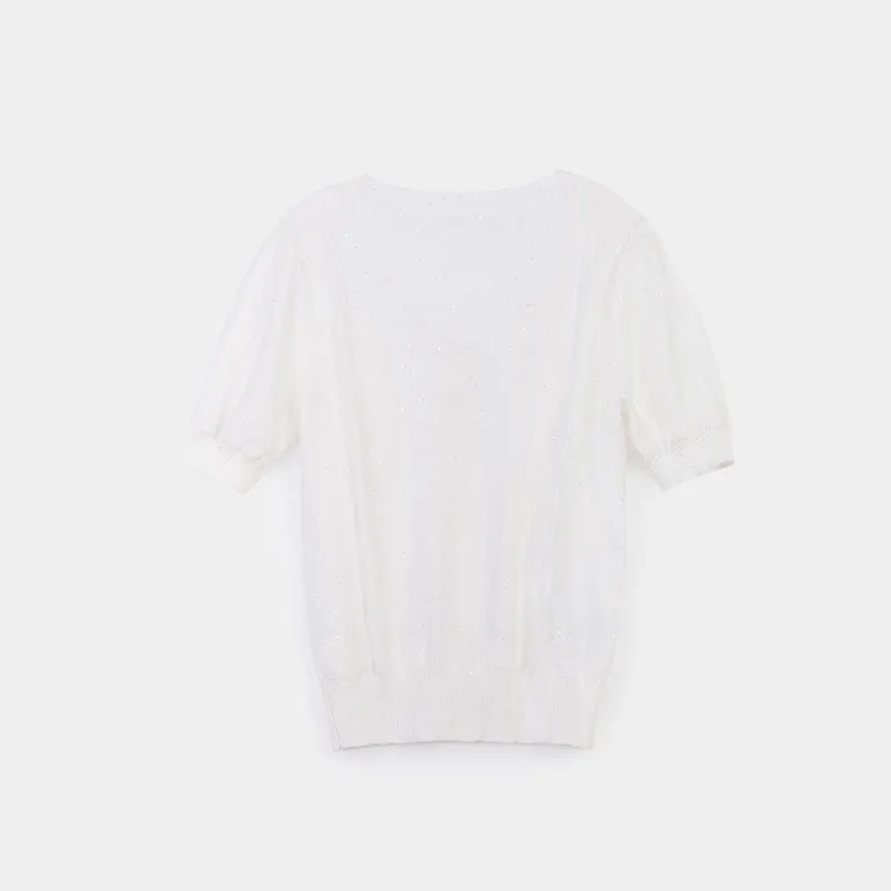 White Knitted V-Neck T-shirt Puff Sleeve