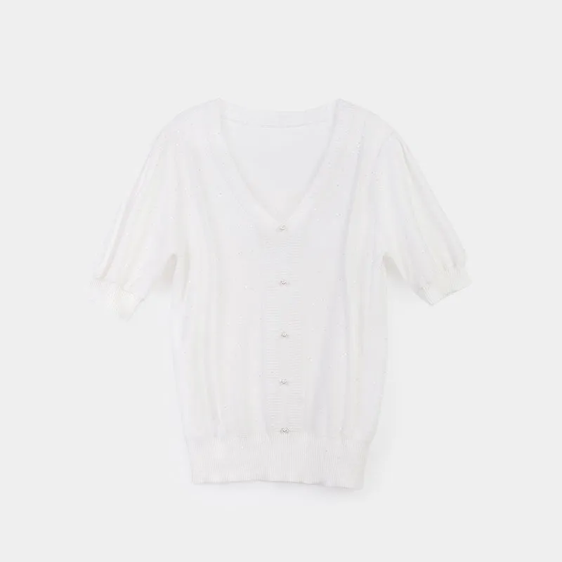 White Knitted V-Neck T-shirt Puff Sleeve