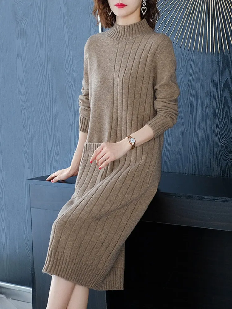 Wjczt Half High Collar Sweater Dress for Women In Autumn Winter New Medium Long Bottoming Sweater Knitted Pullover Streetwear Dresses