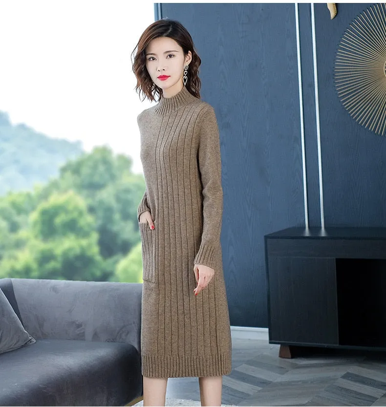 Wjczt Half High Collar Sweater Dress for Women In Autumn Winter New Medium Long Bottoming Sweater Knitted Pullover Streetwear Dresses