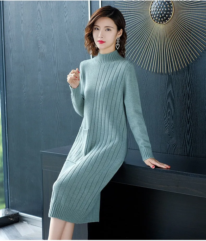 Wjczt Half High Collar Sweater Dress for Women In Autumn Winter New Medium Long Bottoming Sweater Knitted Pullover Streetwear Dresses