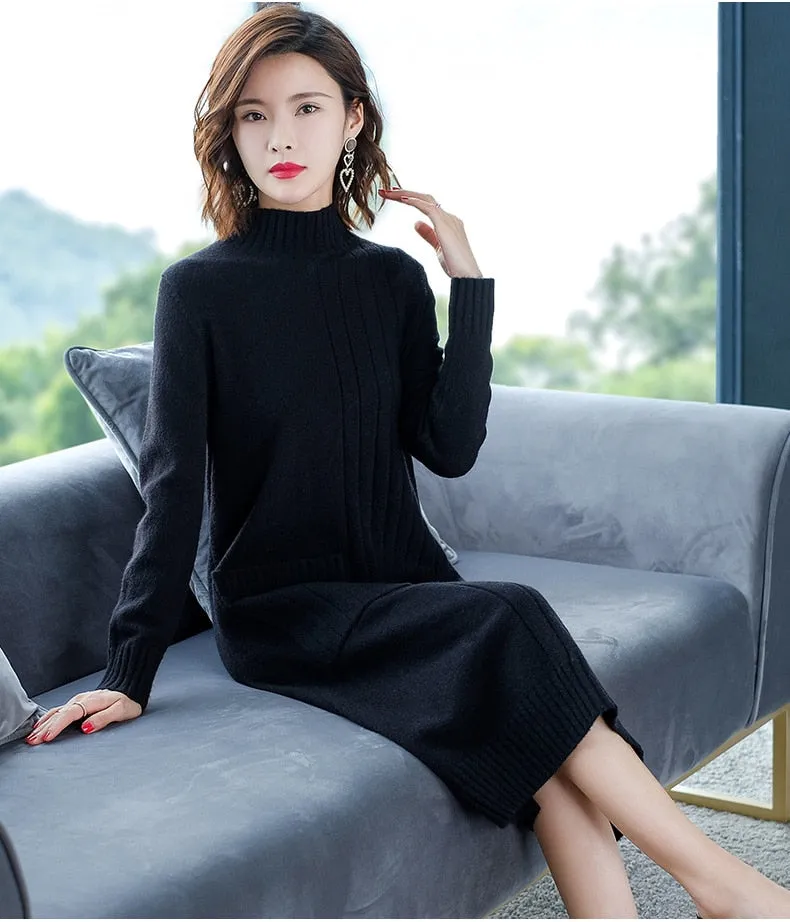 Wjczt Half High Collar Sweater Dress for Women In Autumn Winter New Medium Long Bottoming Sweater Knitted Pullover Streetwear Dresses