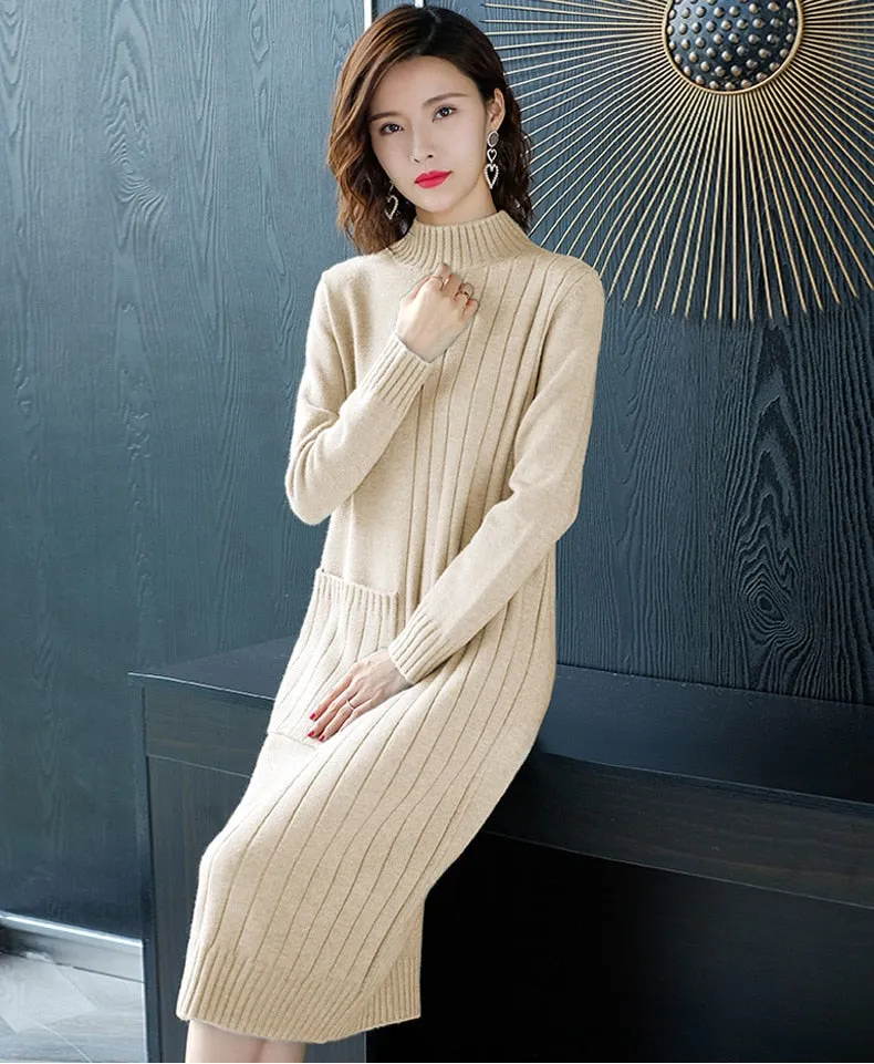 Wjczt Half High Collar Sweater Dress for Women In Autumn Winter New Medium Long Bottoming Sweater Knitted Pullover Streetwear Dresses