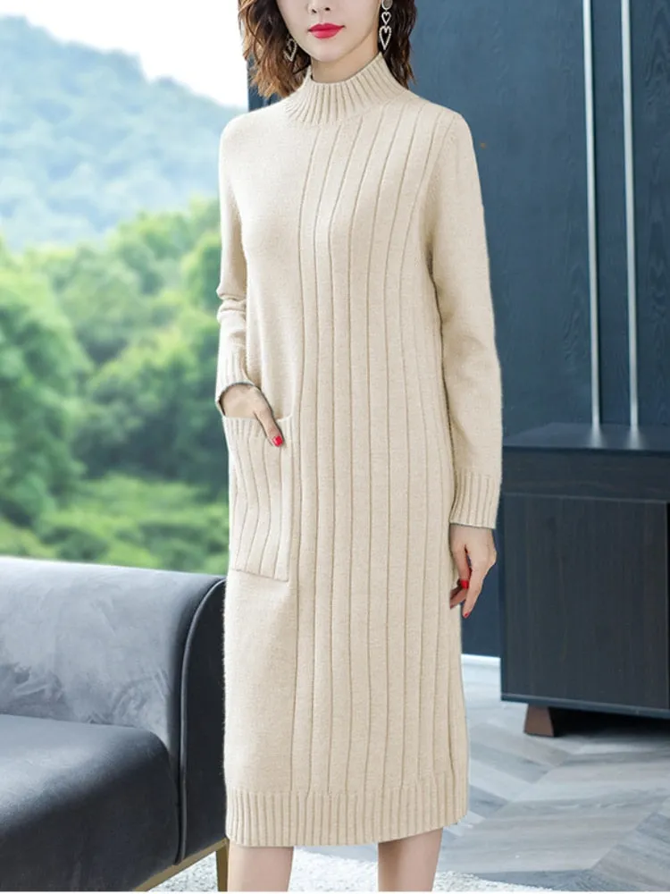 Wjczt Half High Collar Sweater Dress for Women In Autumn Winter New Medium Long Bottoming Sweater Knitted Pullover Streetwear Dresses