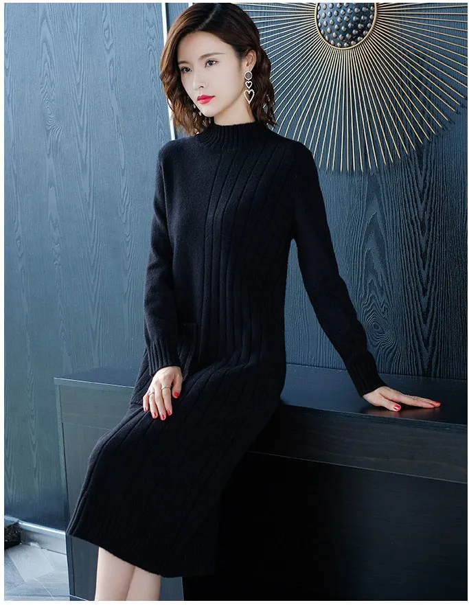 Wjczt Half High Collar Sweater Dress for Women In Autumn Winter New Medium Long Bottoming Sweater Knitted Pullover Streetwear Dresses