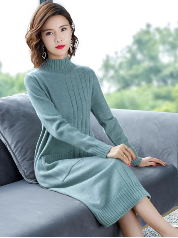 Wjczt Half High Collar Sweater Dress for Women In Autumn Winter New Medium Long Bottoming Sweater Knitted Pullover Streetwear Dresses